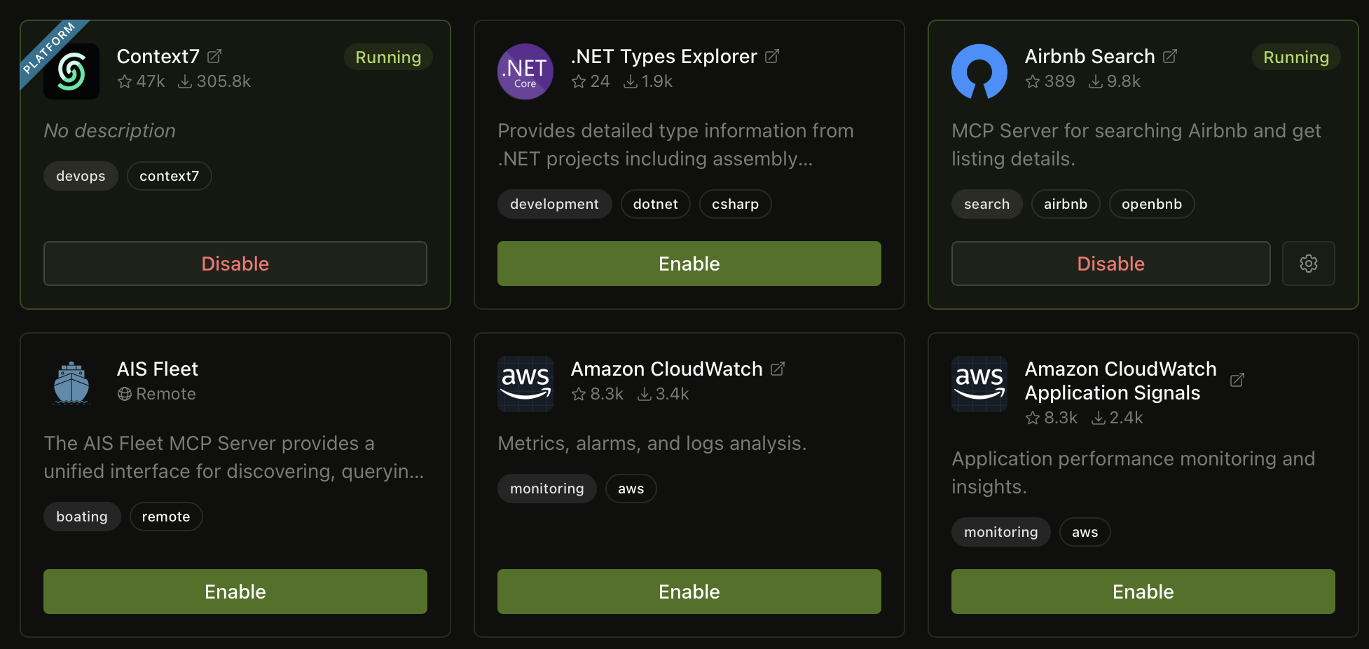 Integrations catalog showing MCP servers like Context7, Airbnb Search, and Amazon CloudWatch with enable/disable controls